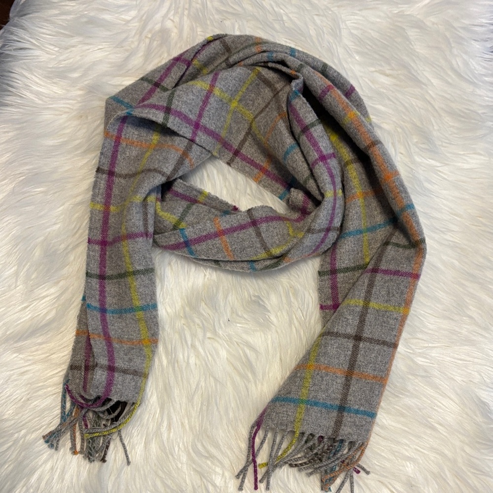 Coach Y2K Gray Plaid Wool Scarf with Multicolor Accents